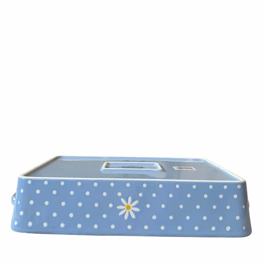10 Strawberry Street Daisy Rectangular Baker 12x8 Blue Polka Dot NEW